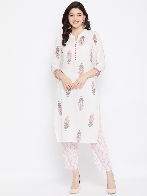 

AgrohA Women White & Pink Printed Kurta with Trousers