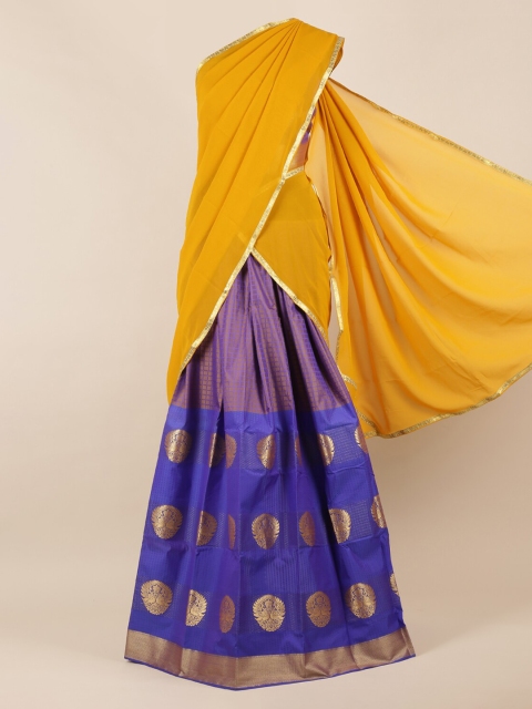 

Pothys Mustard Yellow & Navy Blue Poly Chiffon Woven Design Half Saree