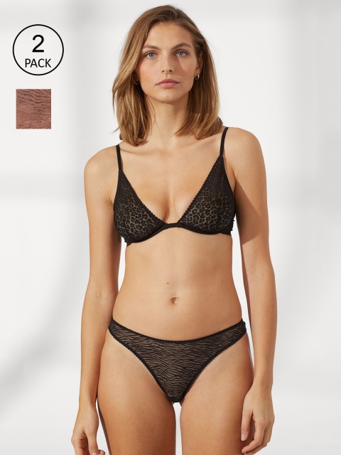 

H&M Women Black & Beige Self Design 2-Pack Lace Brazilian Briefs
