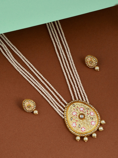 

Silvermerc Designs Gold-Plated & White Kundan-Studded Meenakari Jewellery Set