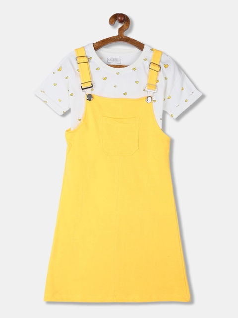 

Cherokee Girls White & Yellow Solid Dungarees And Printed T-Shirt Set