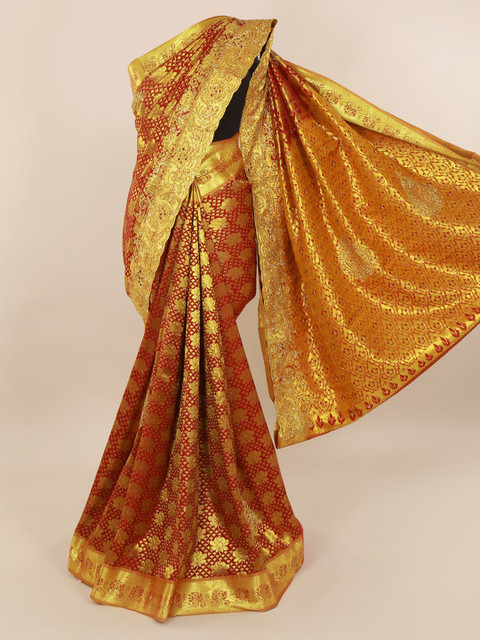 

Pothys Maroon & Gold-Toned Pure Silk Woven Design Kanjeevaram Saree