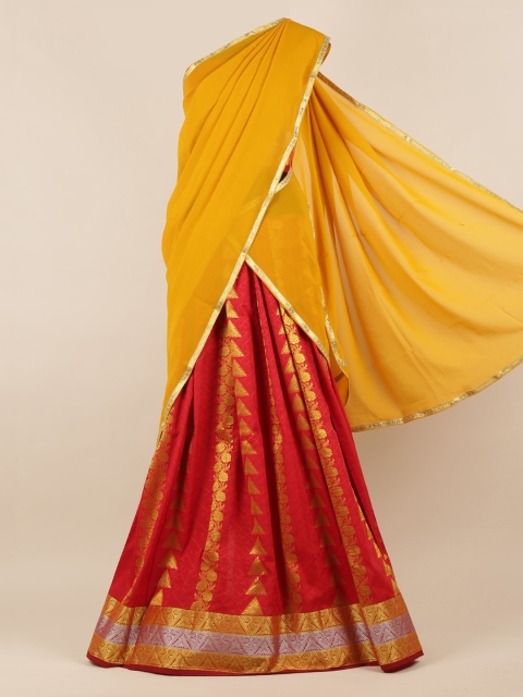

Pothys Mustard & Red Poly Chiffon Woven Design Half Saree