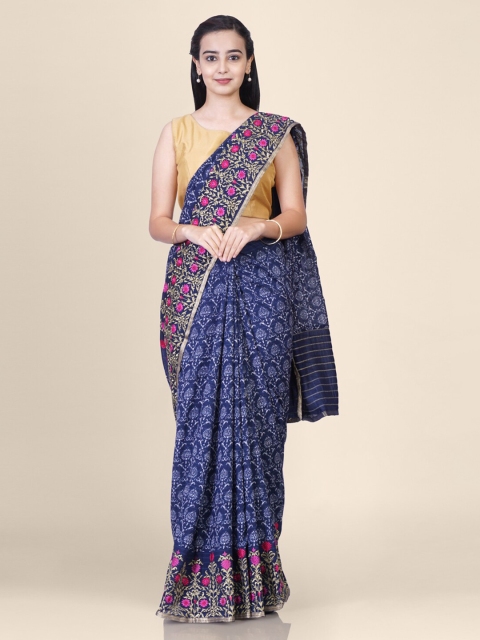 

Hastakala Navy Blue Pure Linen Printed Banarasi Saree