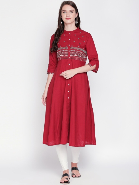 

RANGMANCH BY PANTALOONS Red Geometric Flared Sleeves Thread Work Kurta