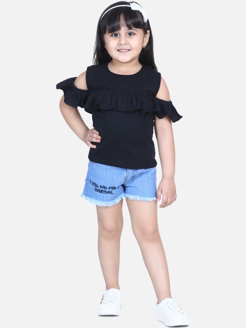 

AWW HUNNIE Girls Black & Blue Solid Top with Denim Shorts