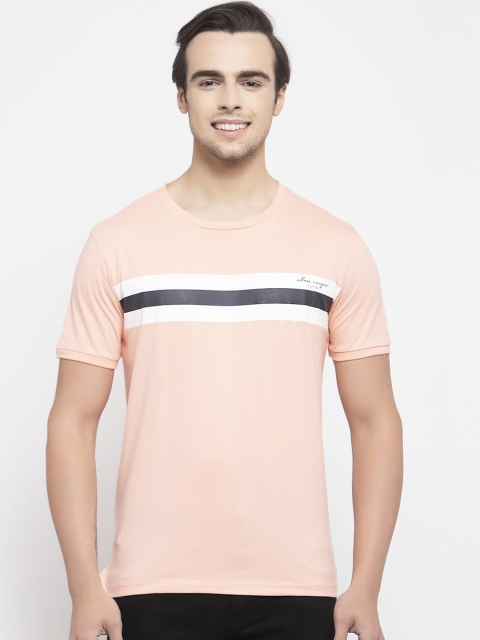 

Allen Cooper Men Peach-Coloured Striped Round Neck T-shirt