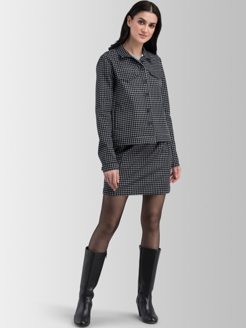 

FableStreet Women Black & White Checked Coat with Skirt