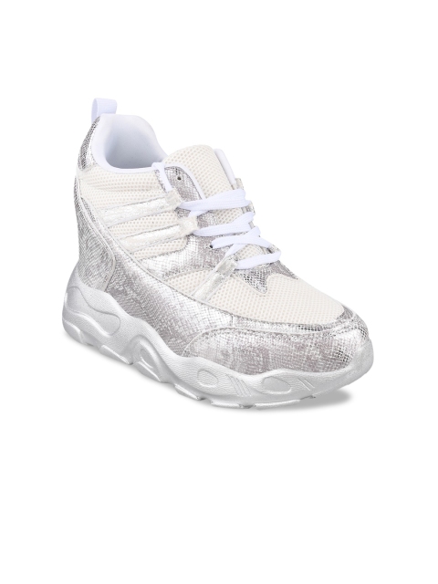 

Stelatoes Women White Woven Design Mesh Mid-Top Sneakers