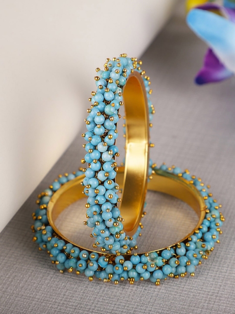 

Shining Diva Set of 2 Gold Plated Blue Beaded Antique Bangles