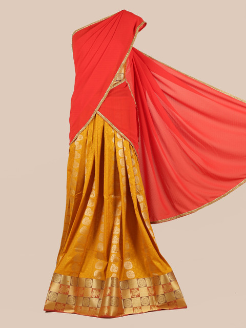 

Pothys Red & Gold-Toned Poly Chiffon Woven Design Traditional Half Saree