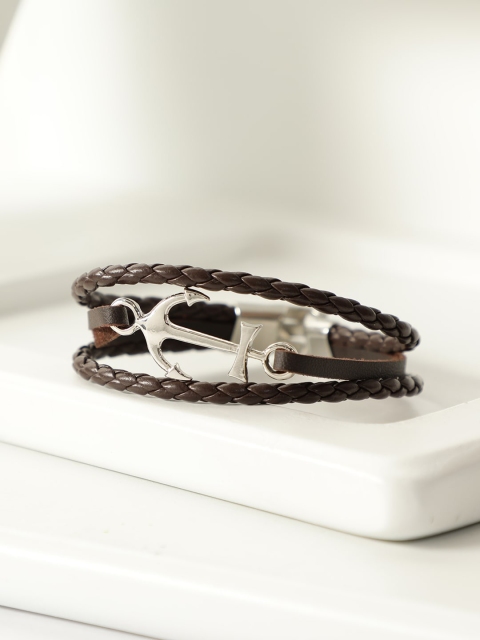 

AQUASTREET Men Brown & Silver-Toned Metal Anchor Braided Leather Bracelet