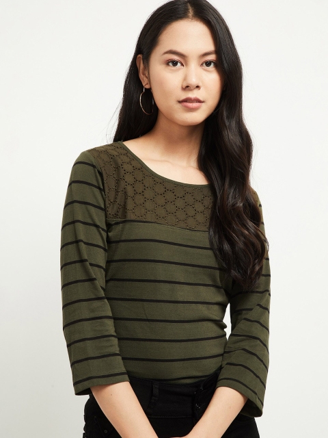 

max Women Olive Green Striped Round Neck Cotton T-shirt