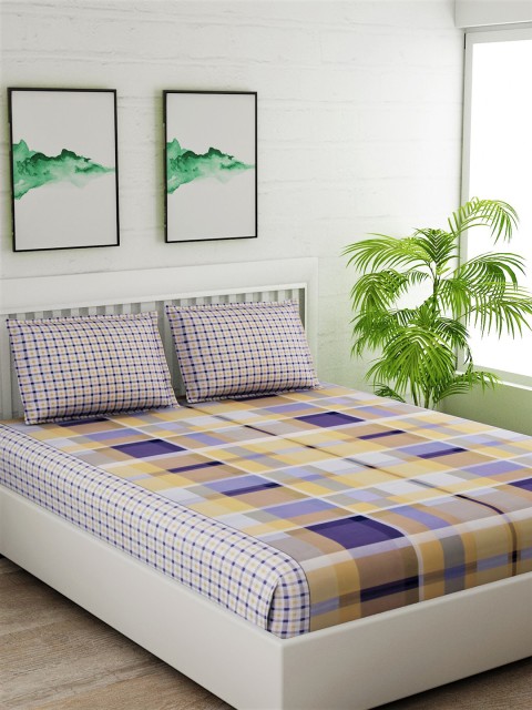 

Salona Bichona Yellow & Blue Geometric 144 TC Cotton 1 Queen Bedsheet with 2 Pillow Covers