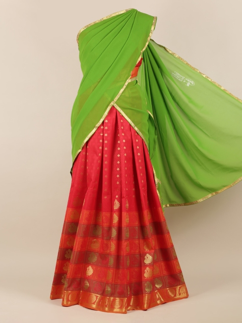 

Pothys Green & Red Poly Chiffon Woven Design Half Saree