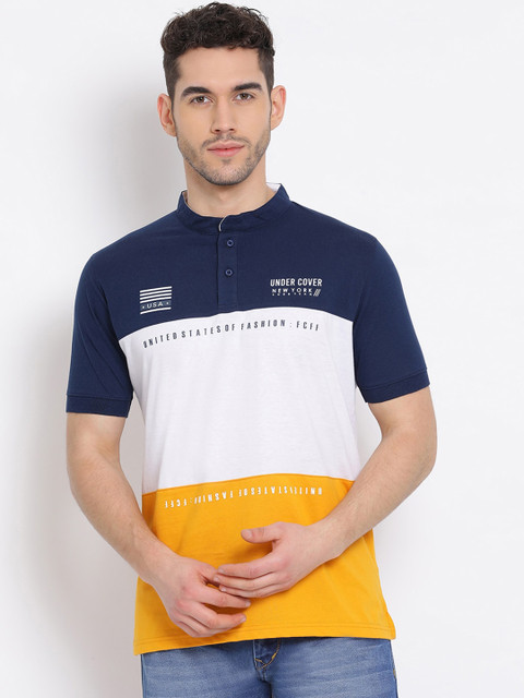 

COBB Men Navy Blue & White Colourblocked Mandarin Collar T-shirt