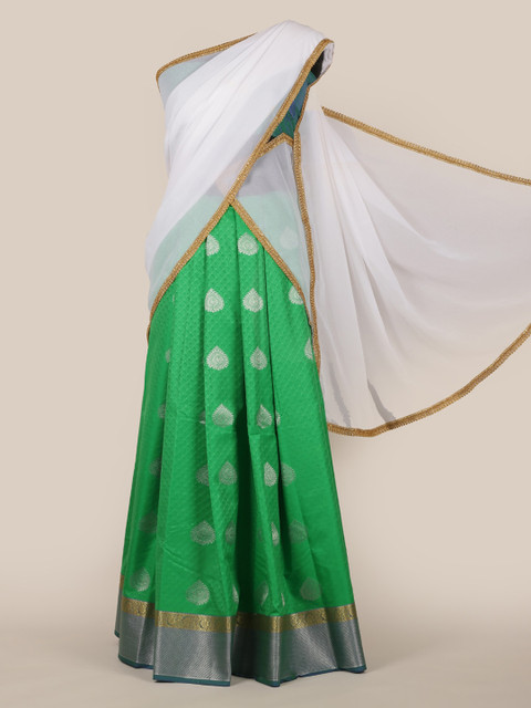 

Pothys White & Green Poly Chiffon Woven Design Traditional Half Saree