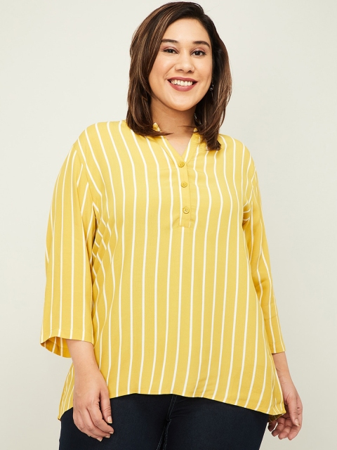 

nexus Mustard Yellow & White Candy Stripes Striped Mandarin Collar Shirt Style Top