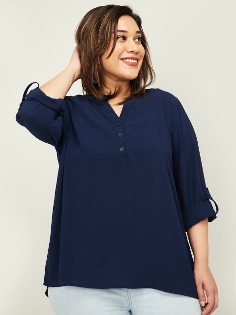 

nexus Women Navy Blue Mandarin Collar Roll-Up Sleeves Top