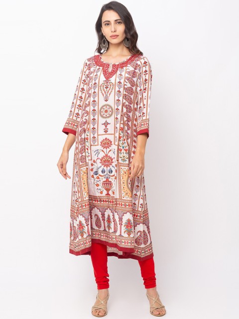 

Globus Women Beige & Red Floral Printed A-Line Kurta