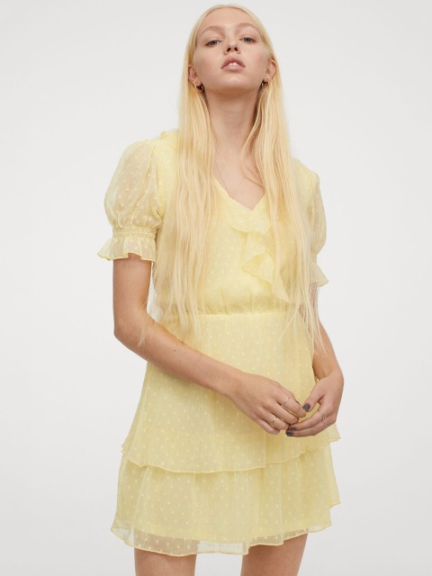 

H&M Women Yellow Puff-Sleeved Flounced Dress