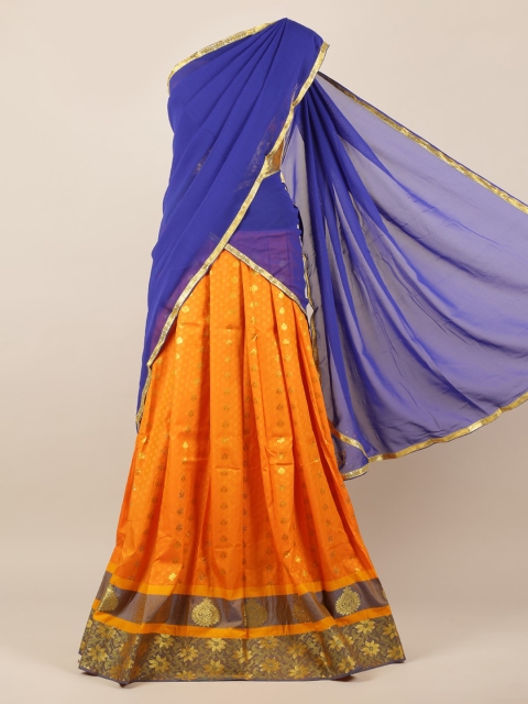 

Pothys Blue & Orange Poly Chiffon Woven Design Half Saree