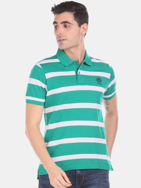 

U.S. Polo Assn. Men Green Striped Polo Collar Pure Cotton T-shirt