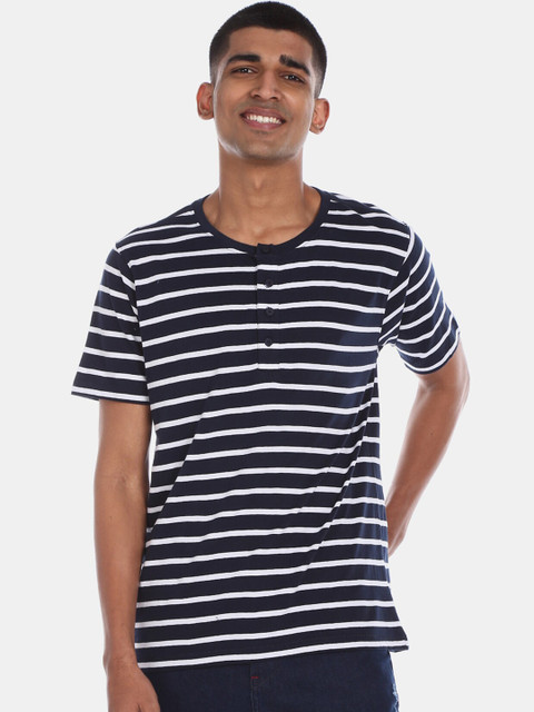 

Cherokee Men Navy Blue Striped Henley Neck T-shirt
