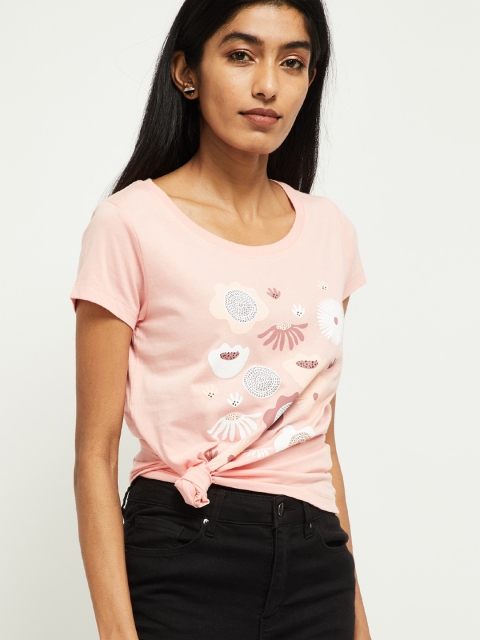 

max Women Pink Printed Round Neck T-shirt