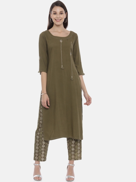

Neerus Women Green & Off-White Embroidered Kurta with Trousers