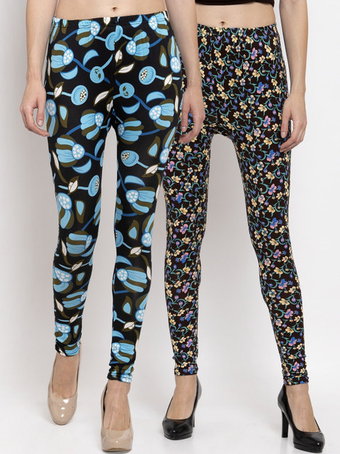 

KLOTTHE Women Pack Of 2 Black & Blue Floral Printed Ankle Length Leggings