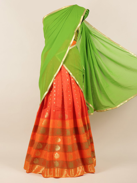 

Pothys Green & Orange Poly Chiffon Woven Design Traditional Half Saree
