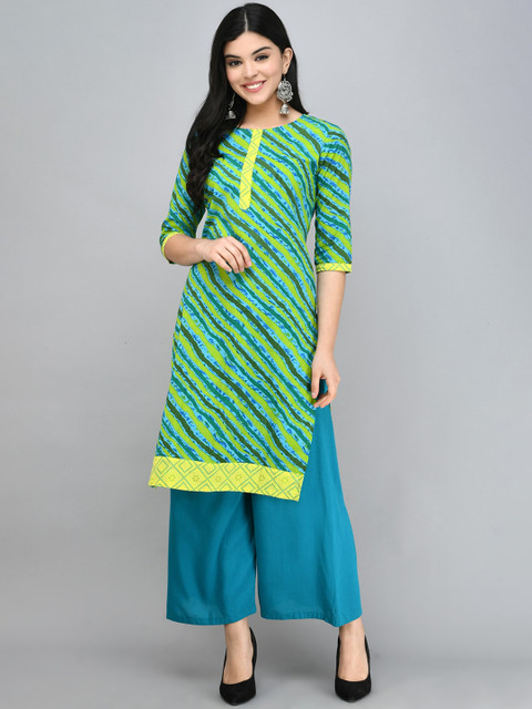 

Myshka Women Green Striped A-Line Kurta