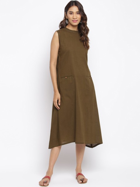 

TJORI Women Olive Green Solid A-Line Dress