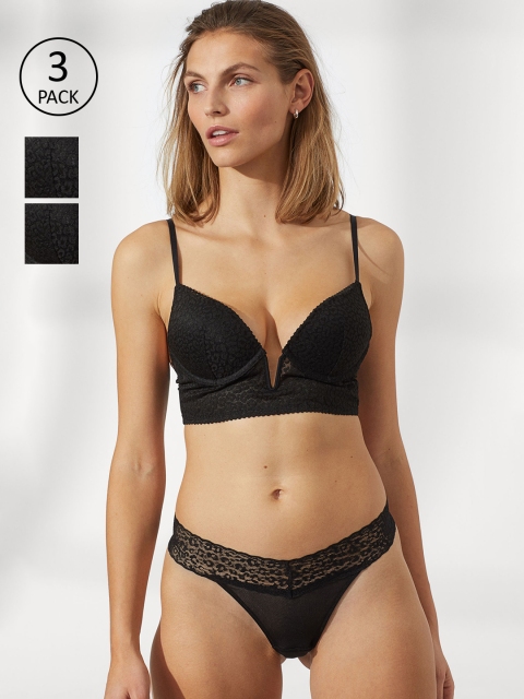 

H&M Women Black Self Design 3-Pack Lace Thong Briefs