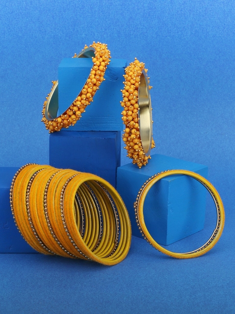 

Adwitiya Set Of 23 Mustard Yellow & 24K Gold-Plated Pearl Beaded Handcrafted Bangles