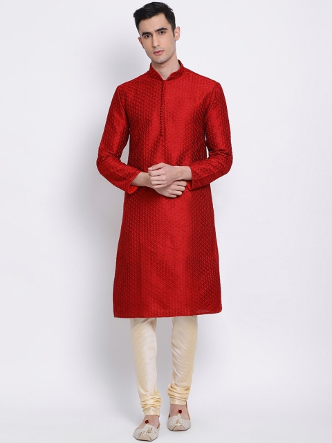 

Sanwara Men Red & Cream-Coloured Woven Design Kurta with Churidar