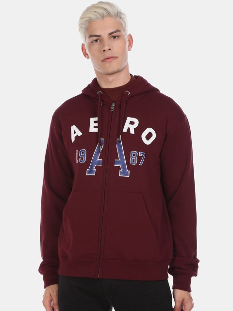 

Aeropostale Men Burgundy & White Printed Zip Up Logo Hooded Sweatshirt