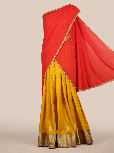 

Pothys Red & Mustard Poly Chiffon Woven Design Lehenga Half Saree