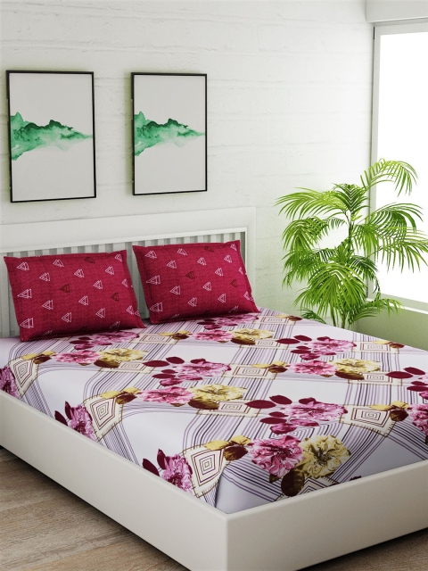 

Salona Bichona White & Yellow Floral 144 TC Cotton 1 Queen Bedsheet with 2 Pillow Covers