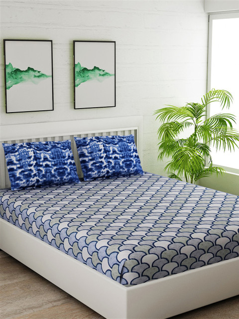 

Salona Bichona Blue & Grey Abstract 144 TC Cotton 1 Queen Bedsheet with 2 Pillow Covers