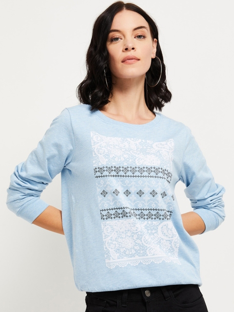 max Women Blue Printed Round Neck T-shirt