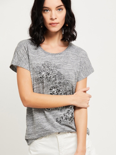 max Women Grey Printed Round Neck T-shirt