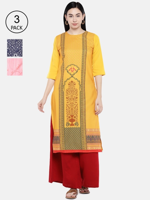 

7Threads Women Multicoloured Printed Straight Kurta Pack of 3, Multi