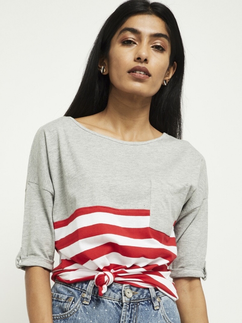 

max Women Grey Melange Red Colourblocked Round Neck Pure Cotton T-shirt