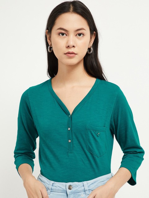 

max Women Teal Blue Solid Henley Neck Cotton Pure Cotton T-shirt