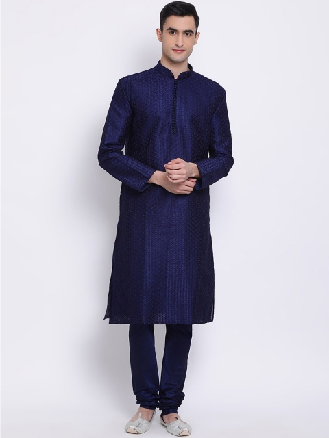 

Sanwara Men Navy Blue Self Design Kurta with Pyjamas