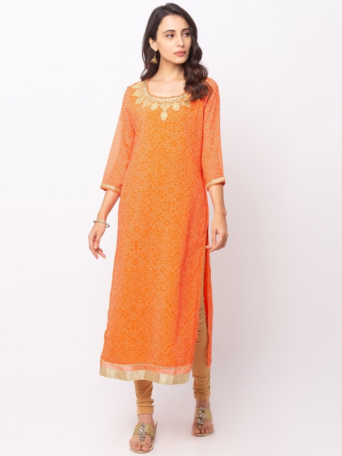

Globus Women Orange & Yellow Bandhani Printed Embroidered Straight Kurta