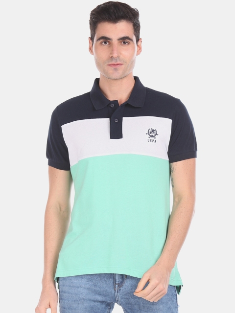 

U.S. Polo Assn. Men Sea Green & White Colourblocked Polo Collar T-shirt