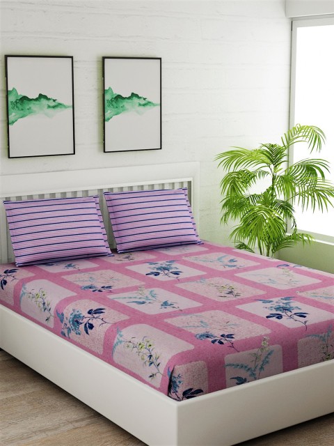 

Salona Bichona Pink & Purple Floral 144 TC Cotton 1 Queen Bedsheet with 2 Pillow Covers
